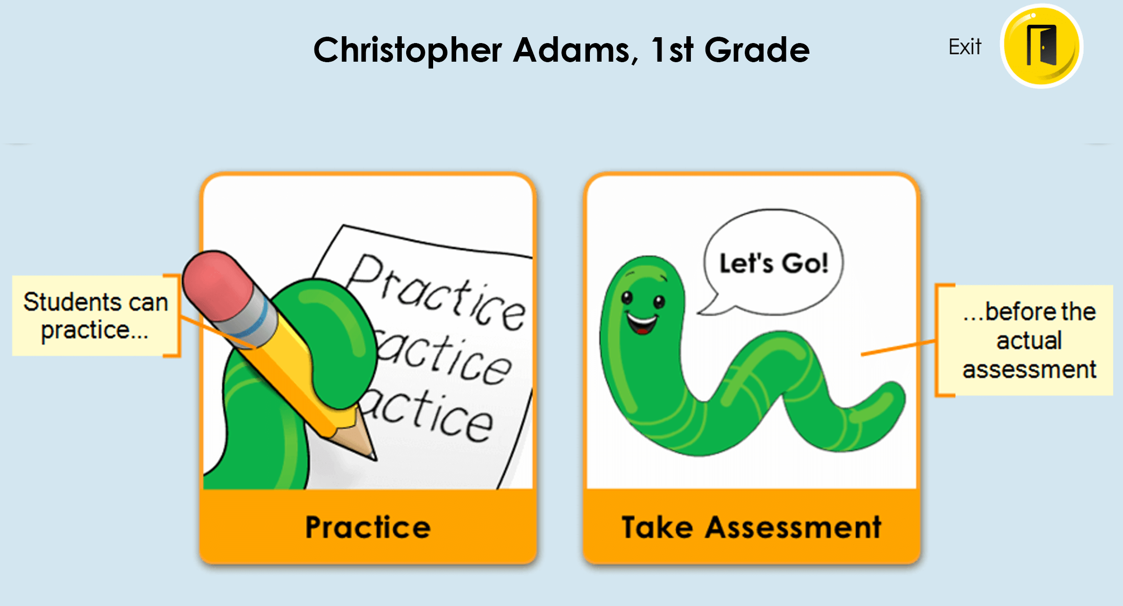 Student choices to begin practice or to take assessment.