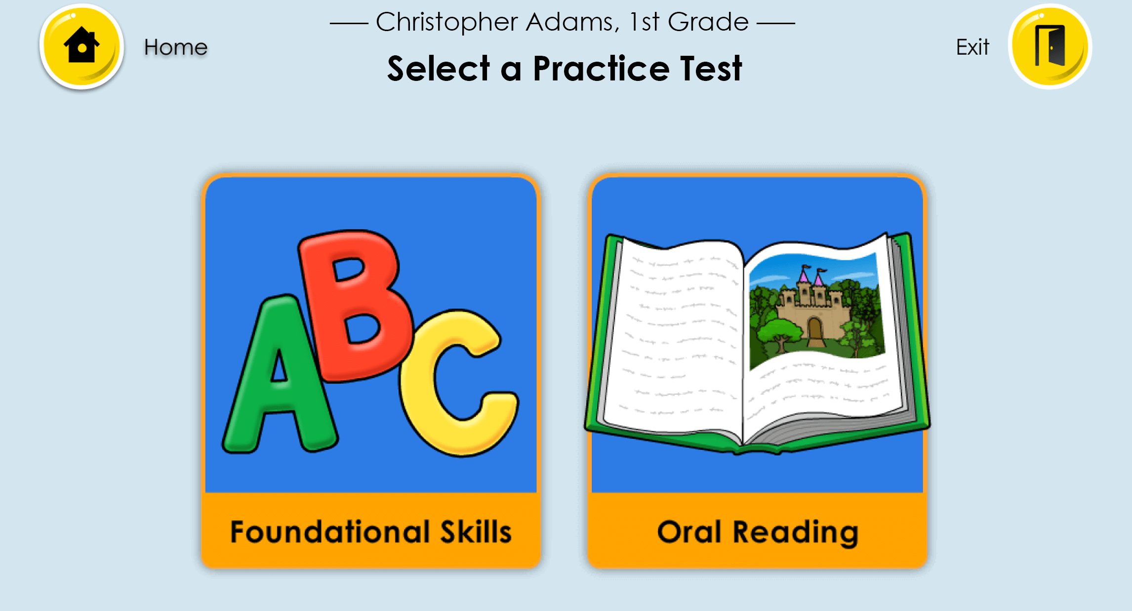 Students taking the Practice Test in English can choose from two options: Foundational Skills or Oral Reading.