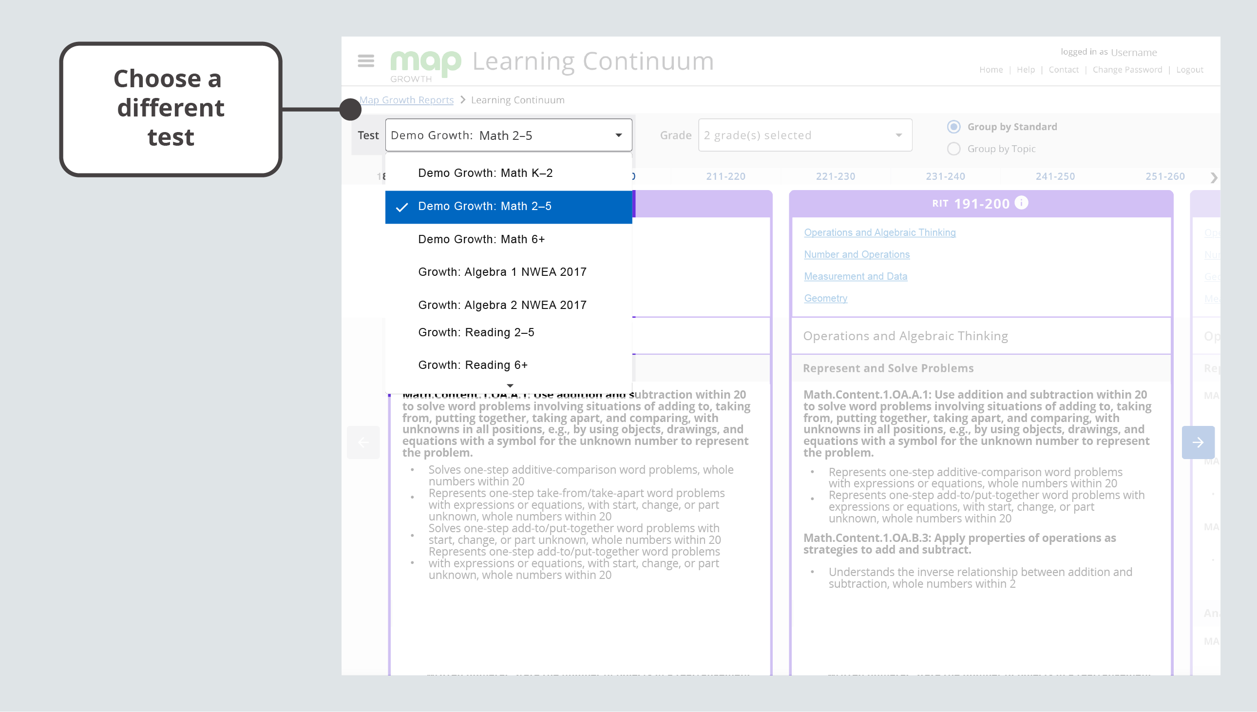 The drop-down menu in learning continuum with options to choose different tests.
