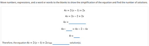 Example question with an equation containing choices of numbers, expressions, and words to simplify the equation and find the number of solutions.
