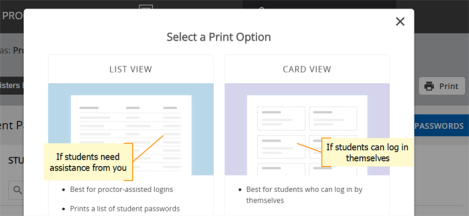 Print options for list view or card view