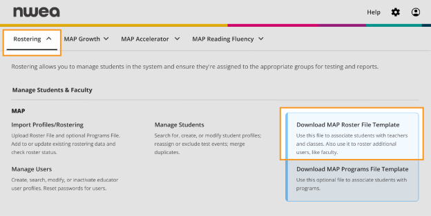 The MAP Growth Information Center, highlighting the Download Roster File Template link under Rostering Section