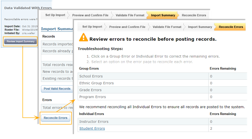 Series of error messages, from Data Validated with Errors to Reconcile Errors page