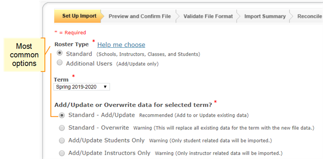 Set Up Import options set to Standard and Add/Update