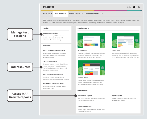 You’ll be able to manage test sessions, find resources, and access MAP Growth reports.