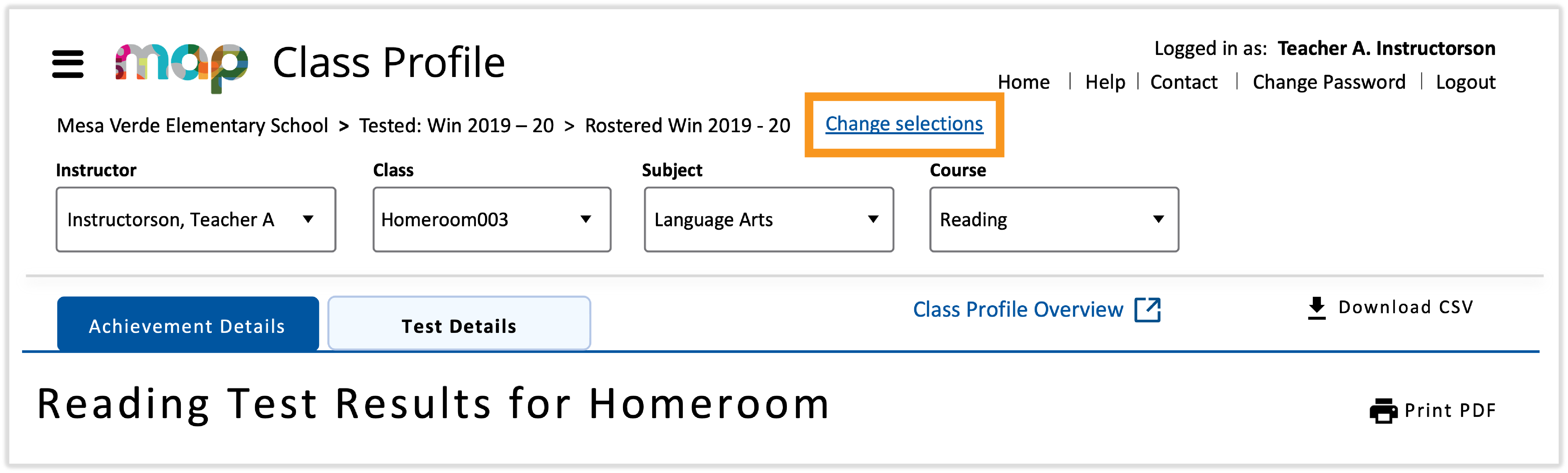 The Achievement Details tab in the Class Profile report, showing the default field selections at the top of the report and highlighting Change selections