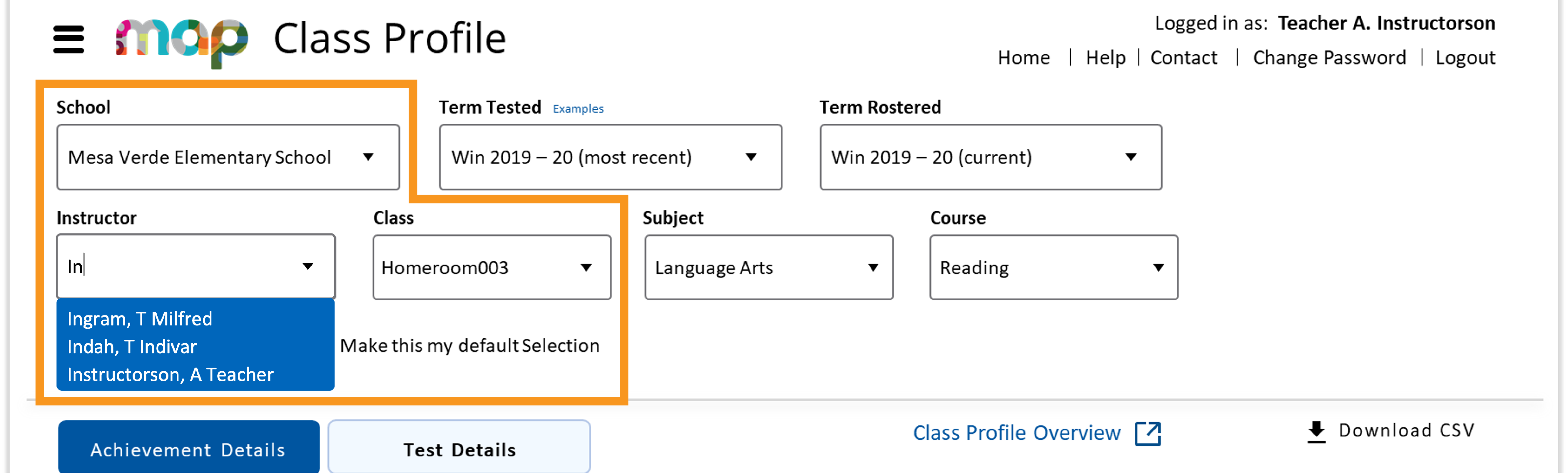 The expanded field selection options at the top of the Class Profile report, highlighting features that work with autocomplete