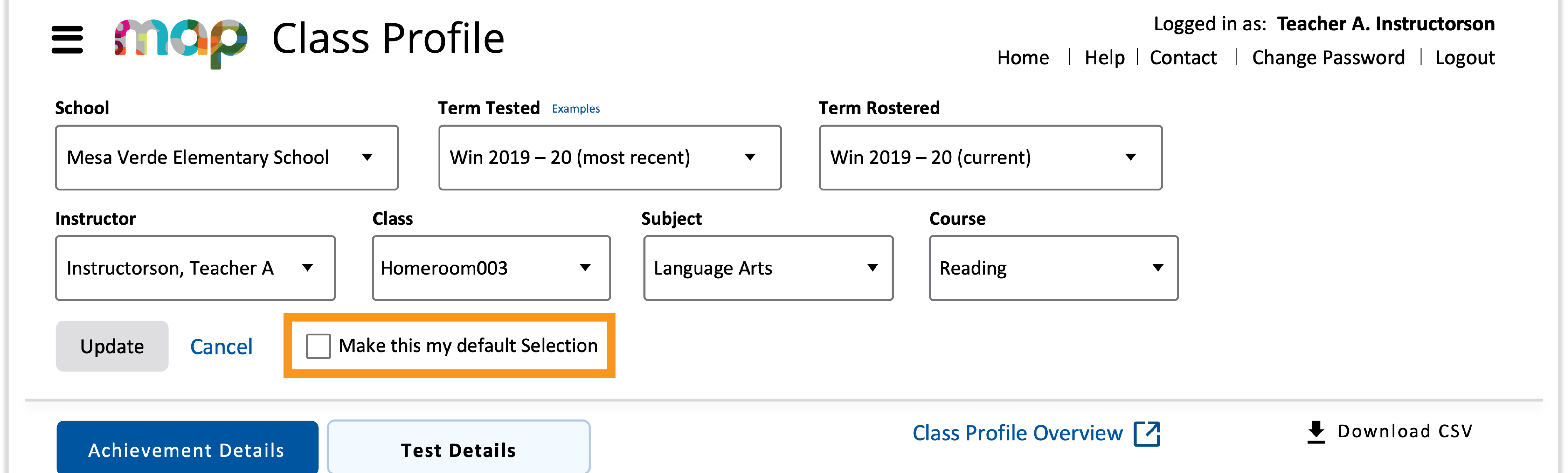 The Class Profile report, showing the expanded field selection options at the top of the report and highlighting the checkbox that allows users to create a default selection