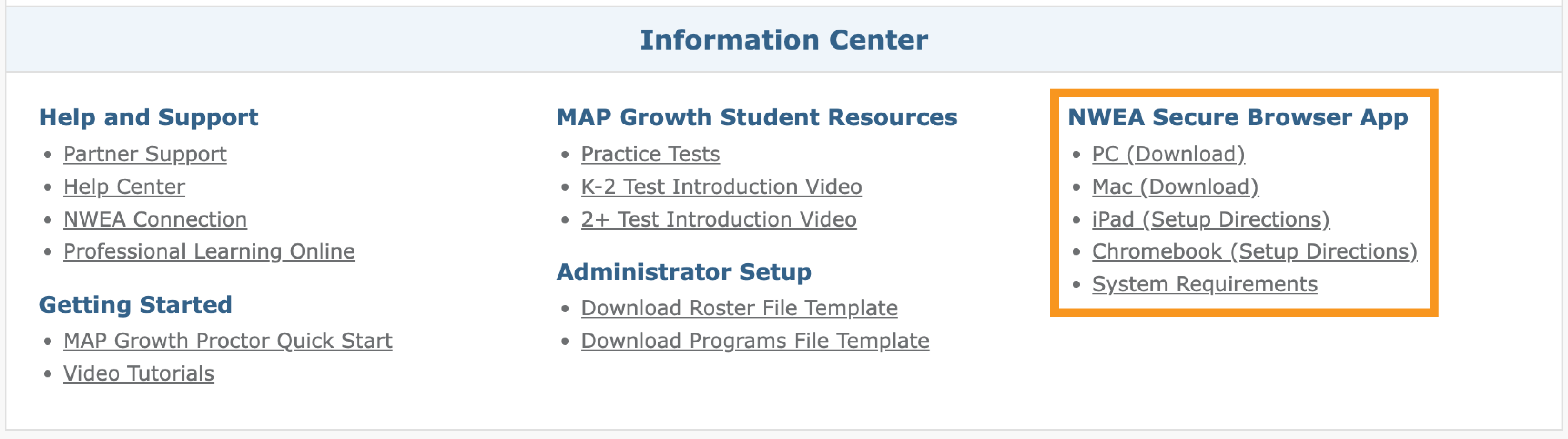 The MAP Growth Information Center, highlighting the links under NWEA Secure Browser App