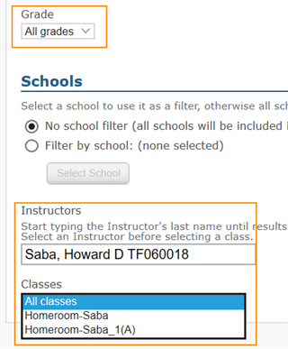 Search filters for Grade and Instructors
