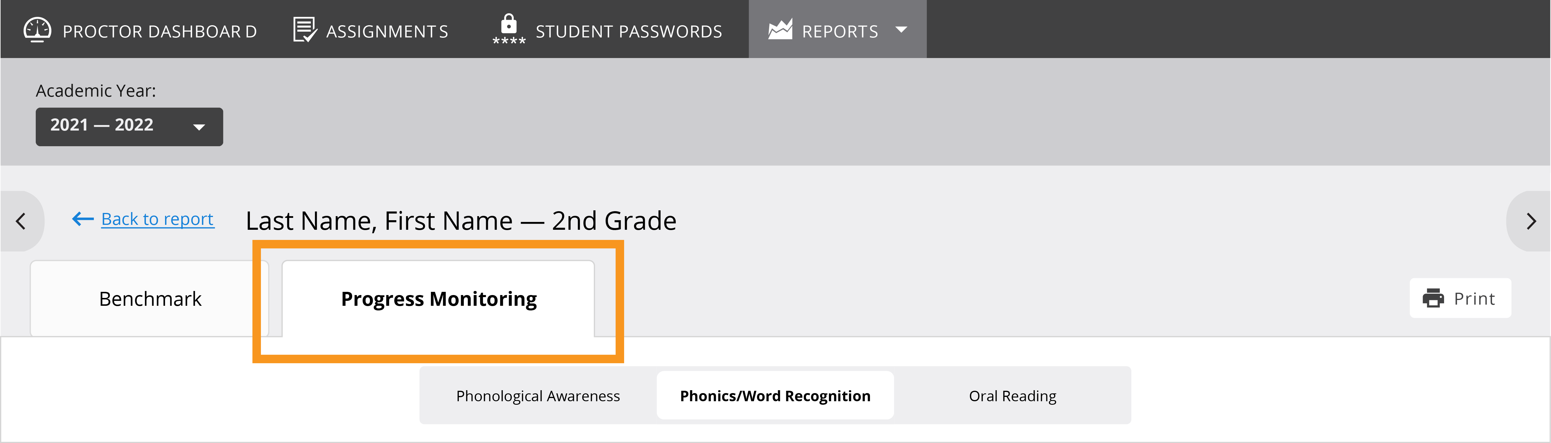 Progress Monitoring tab highlighted on the Individual Student report