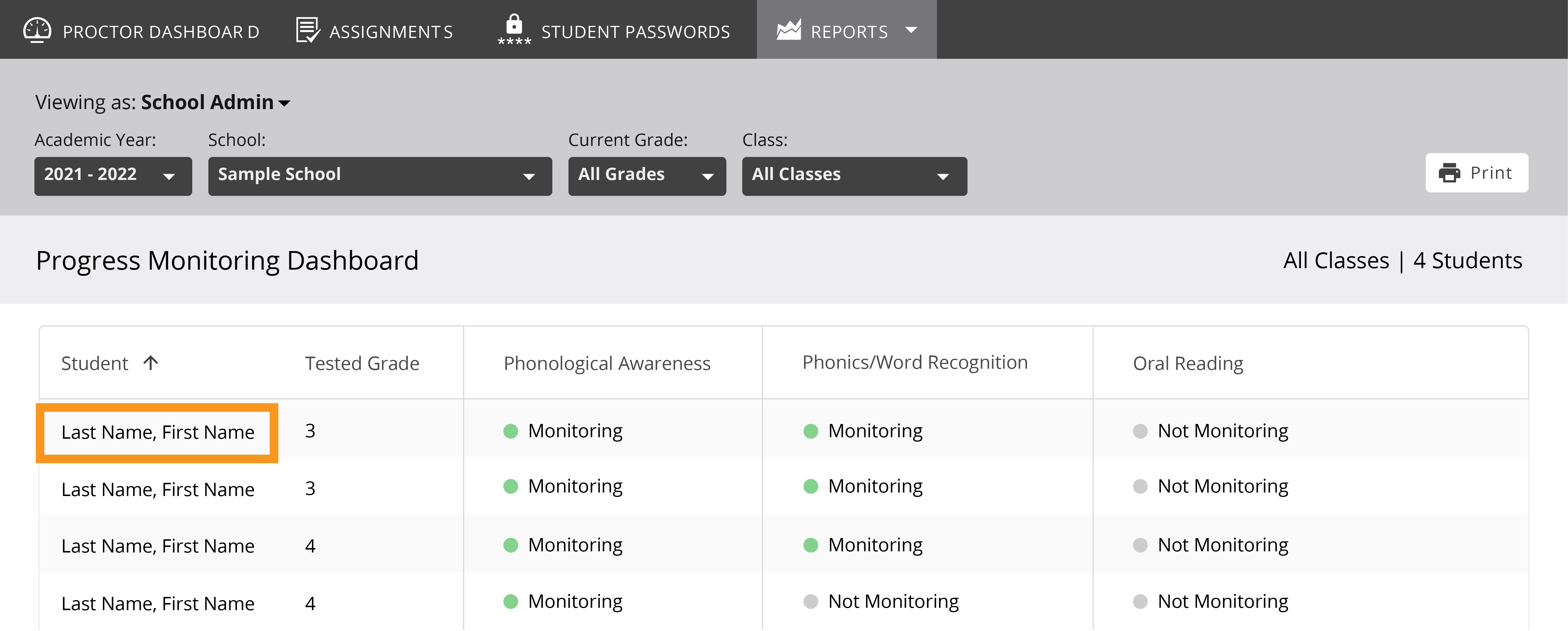 A student’s name highlighted on the Progress Monitoring Dashboard