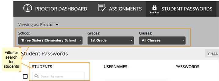 Student Passwords tab with filters and search box