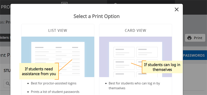 Print options for list view or card view