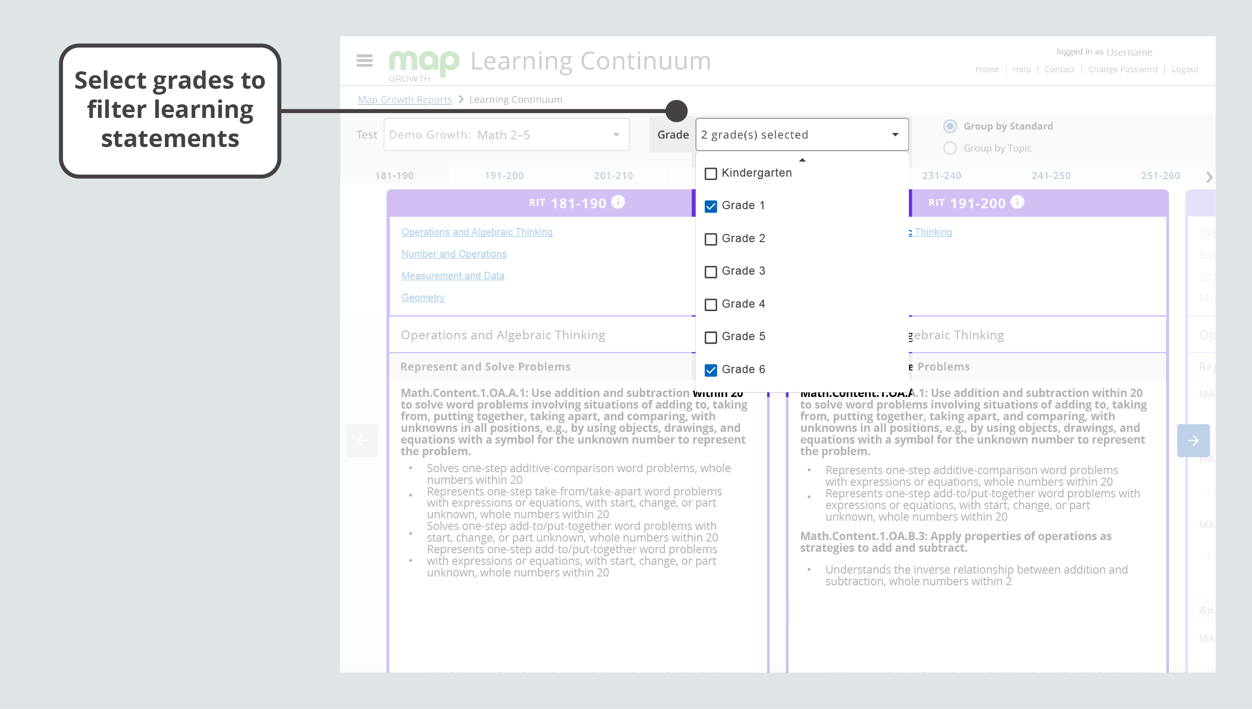 Filter the learning statements by selecting the grades from the drop-down menu.
