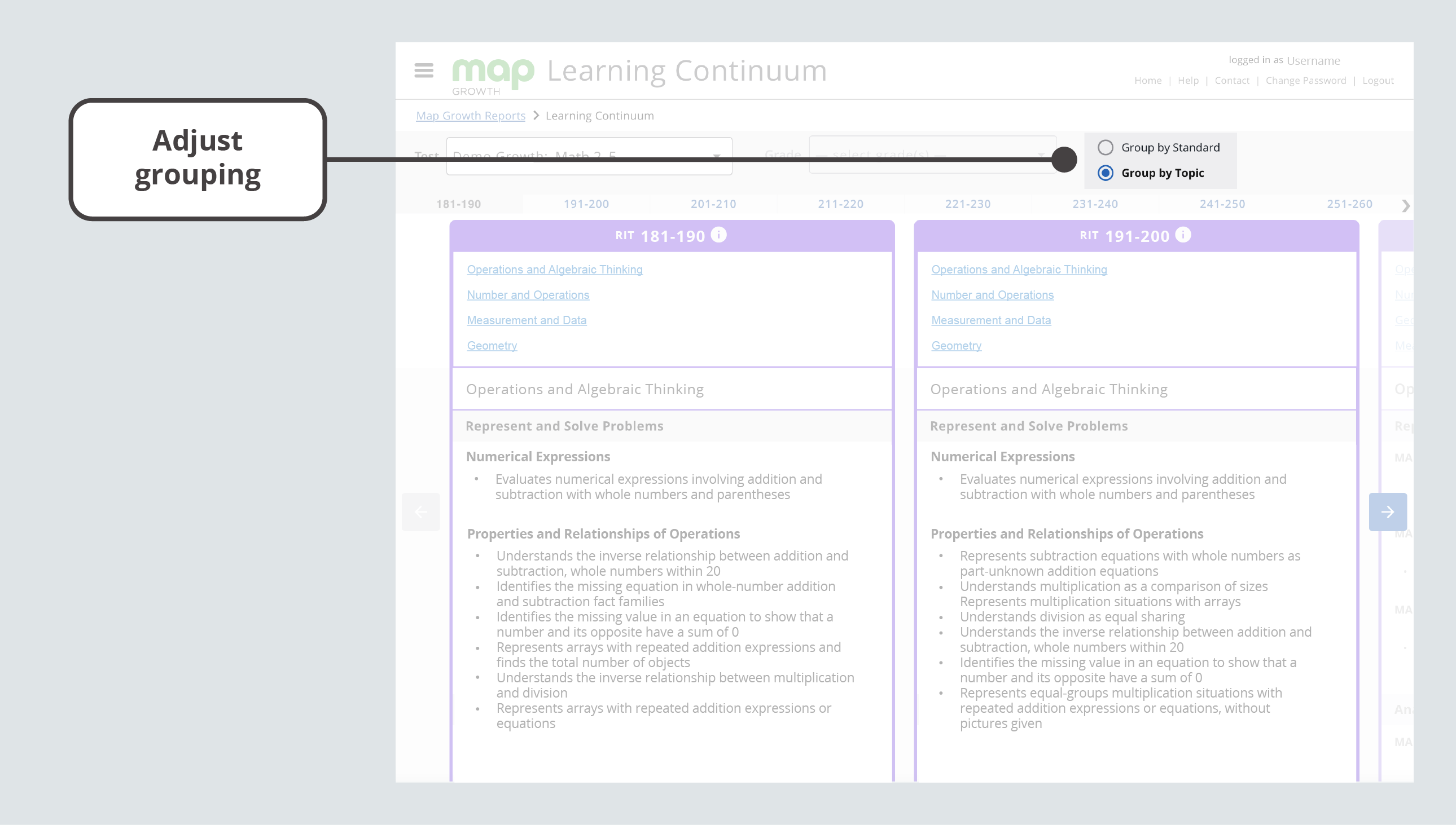 Adjust the grouping of learning statements to Group by Standard or Group by Topic.