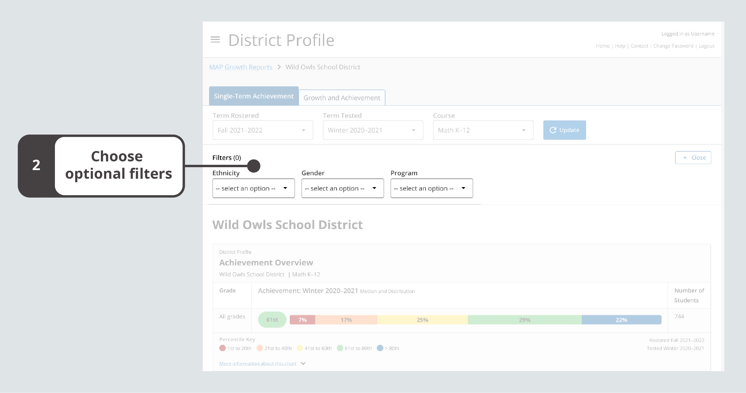 The optional filters for Ethnicity, Gender and/or Program appear after the required filters of Term Rostered, Term Tested, and Course.