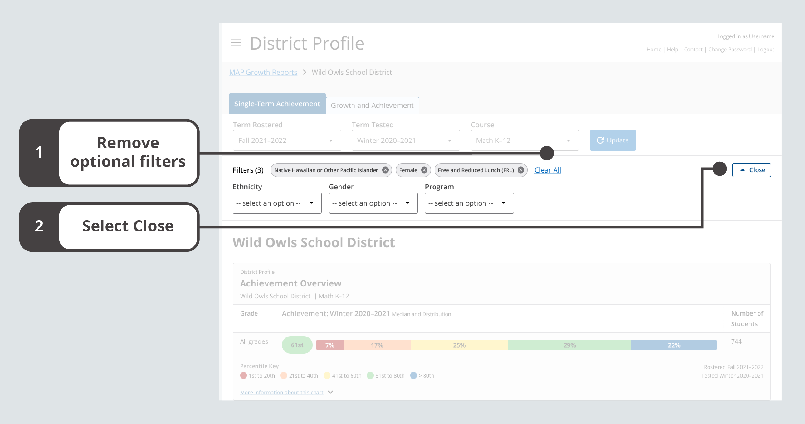 Example showing three applied filters: Native Hawaiian or Other Pacific islander,Female, and Free and Reduced Lunch (FRL). The option to Close the section is located after Clear All.