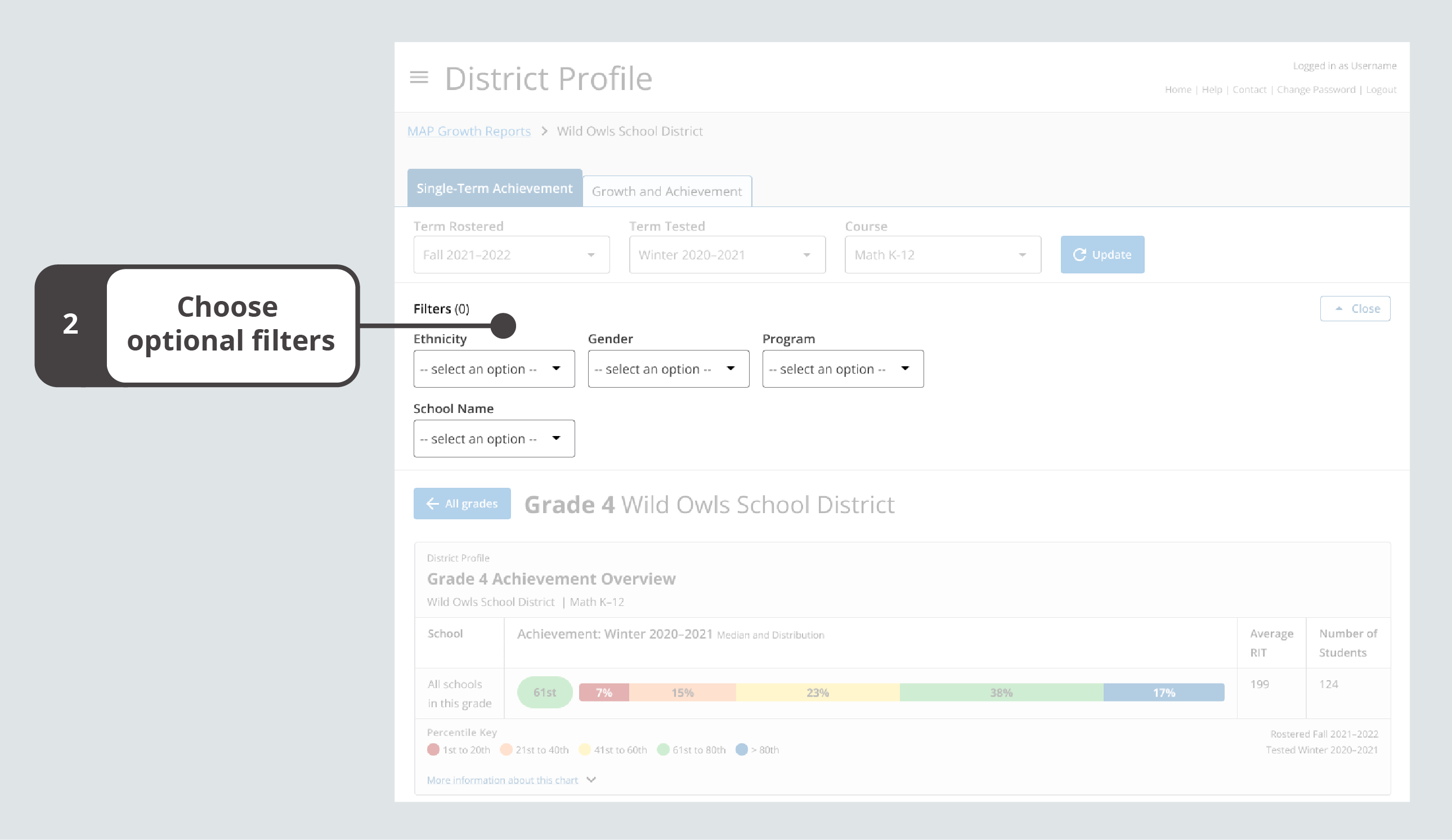 The optional filters for Ethnicity, Gender, Program, Class Name, and Educator appear after the required filters of Term Rostered, Term Tested, and Course. 