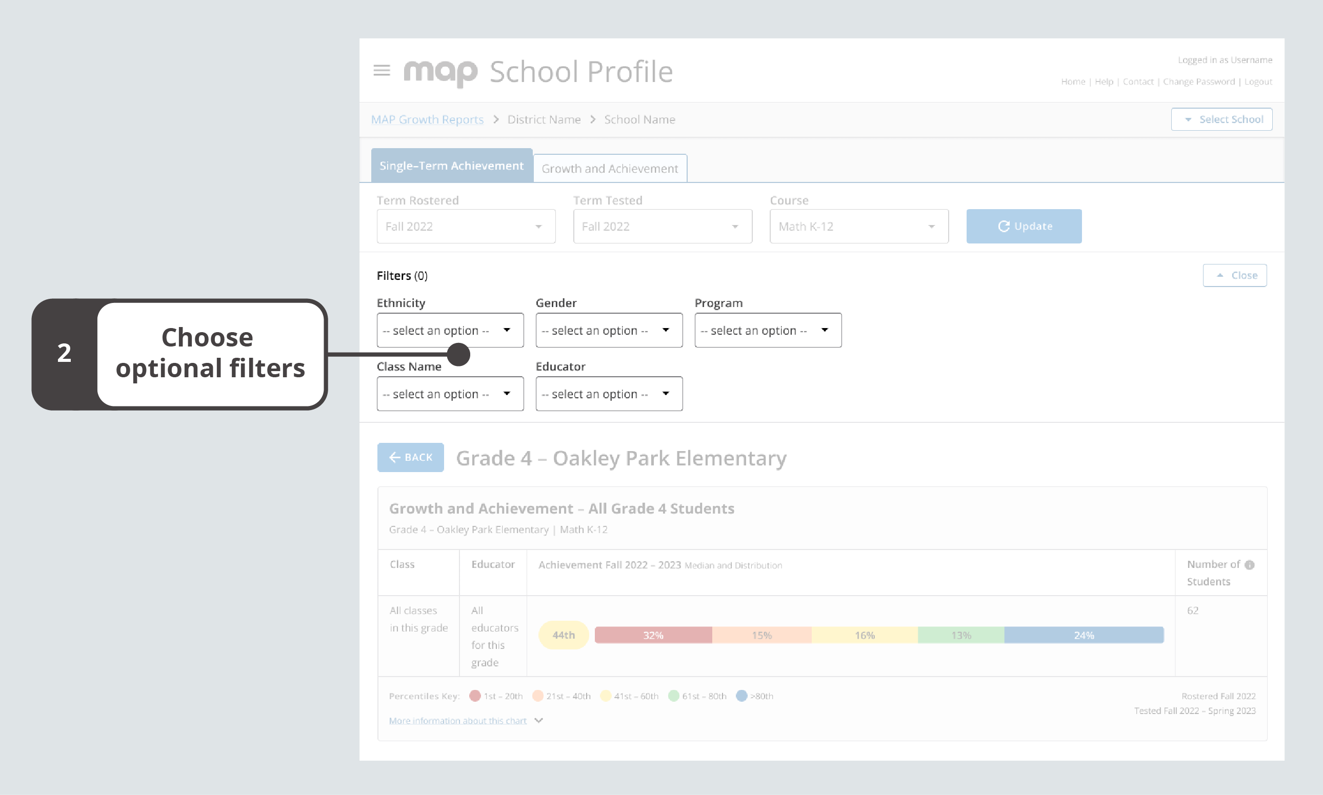 The optional filters for Ethnicity, Gender, Program, Class Name, and Educator appear after the required filters of Term Rostered, Term Tested, and Course. 