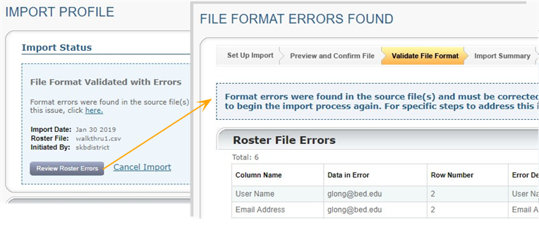 Series of error messages, from File Format Validated with Errors to File Format Error page