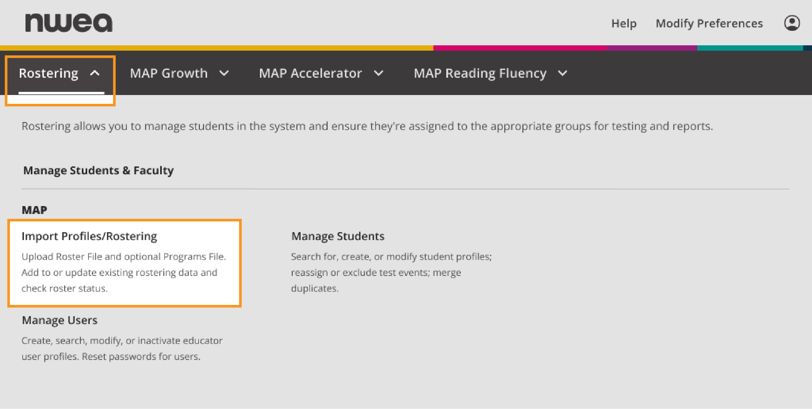 The MAP Growth Information Center, highlighting the Download Roster File Template link under Rostering Section