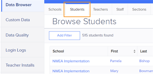Data Browser with Students tab selected