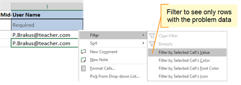 Filter menu options